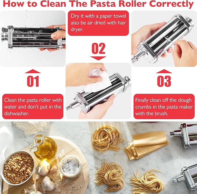 Wiselet Pasta Maker Attachment for KitchenAid Stand Mixer, 3 Pieces Pasta Roller Attachments, Full Body Stainless Steel and Heavy Duty, Homemade Spaghetti, Fettucine and Lasagne…