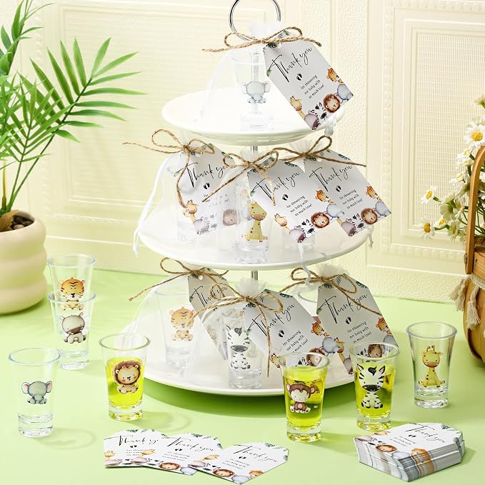 Pickmesh 25 Sets Safari Baby Shower Shot Glasses for Guests Include Animal Shot Glasses Thank You Cards Organza Bags for Jungle Woodland Gender Reveal Party Supplies