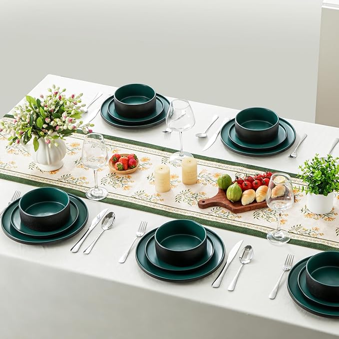 12 Piece Ceramic Plates and Bowls Sets for 4, Modern Green | Stoneware Dinnerware Set, Dishwasher & Microwave Safe, Handcrafted, Perfect for Family and Gatherings