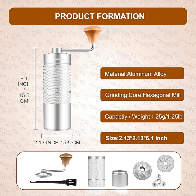 M6 Manual Coffee Grinder,Conical Hexagonal Burr & Double Bearings for Smooth Grinding,Designed for Espresso Pour Over French Press,25g Capacity,Compact & Portable,Gifts for Coffee Lovers
