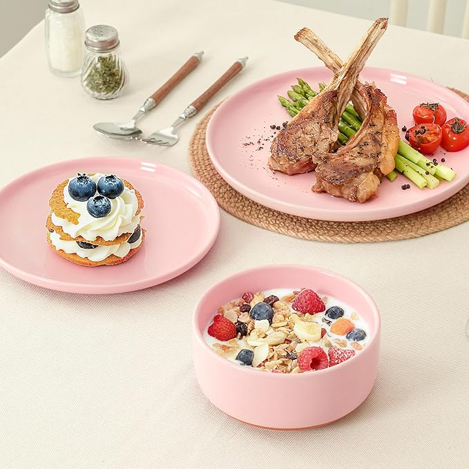 Stoneware Cereal and Soup Bowls Set of 4, 6-Inch Dual Glaze Ceramic Bowls for Breakfast & Oatmeal, Microwave and Dishwasher Safe, Pink