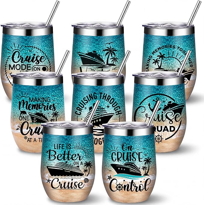Sliner 8 Pcs Cruise Gifts Tumbler with Lid, 12oz Stainless Steel Cruise Mugs Insulated Cruising Ship Wine Glass Tumbler Travel Mugs for Women Men Weekend Trip Vacation Souvenir Gifts