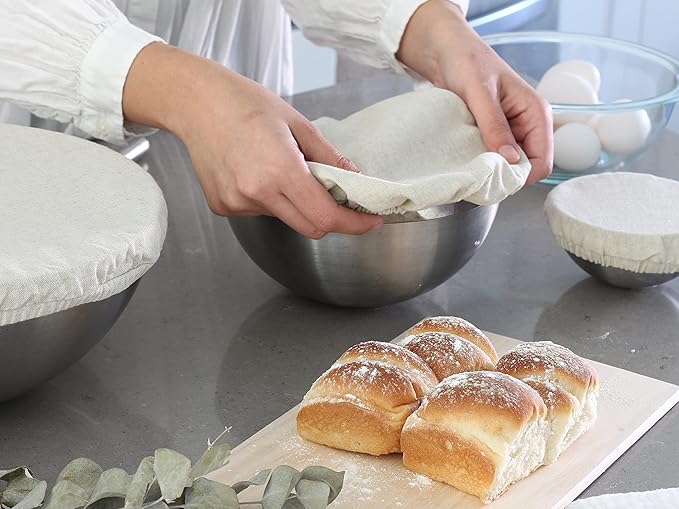 Reusable Fabric Bowl Covers for Bread Proofing - Washable, Dye-free, and All-Natural 100% Linen Cloth Bowl Covers for Bread Rising - Elastic Closure to Fit Multiple Bowl Sizes (1 XL, 1 L, 1 M, 1 S)