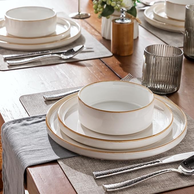 GBHOME Ceramic Dinnerware Sets for 4, 12 Pieces Stoneware Plates and Bowls Sets, Reactive Glaze Dishes -Scratch Resistant, Dishwasher&Microwave Safe-Pearl White