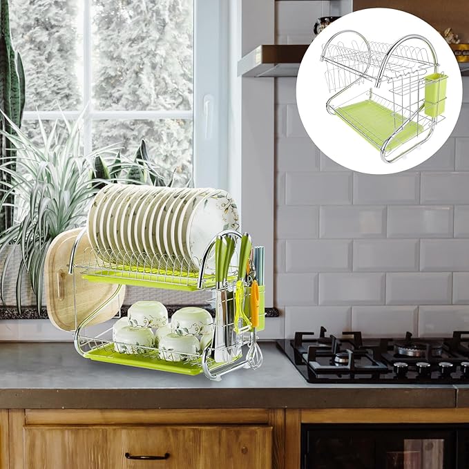 Double-Layer Dish Rack with Bowl Container, Iron Kitchen Utensils Holder, Multifunctional Draining Rack Over Sink Drying and Kitchen Storage, Green