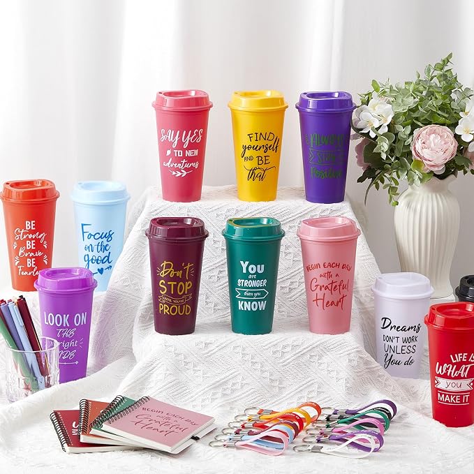 Skylety 48 Sets/192 Pcs Employee Appreciation Gift Baskets Bulk 16oz Inspirational Coffee Cup with Spiral Notebook, Pen & Keychain, Thank You Gifts for Staff, Teacher,Coworker, Team (Classic Color)