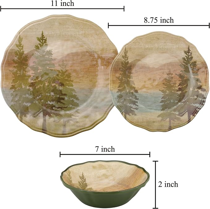 UPware 12 Piece Lakeside Pine Melamine Dinnerware Sets, Outdoor Dishes Set, Plates and Bowls Sets, Service for 4, Beige