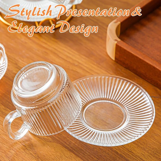 Atarvana 6 Pack Glass Tea Cups and Saucers Set with Spoons, Glazeal Stackable 5.41oz/160ml Heat-Resistant Espresso Cups, Transparent Tea Glass for Cappuccino, Latte, Cafe and Home Kitchen Use