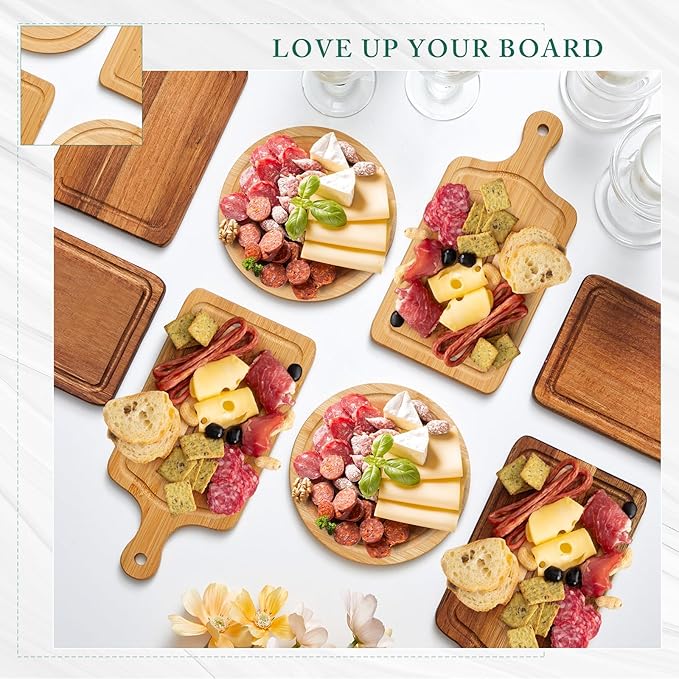 Ziliny 12 Set Bridal Baby Shower Cheese Prizes Wooden Square Board Gift Set Knives Forks Thank You Tags with Box for Guests for Valentines Bridal Baby Shower Housewarming Gifts (Bamboo Color)