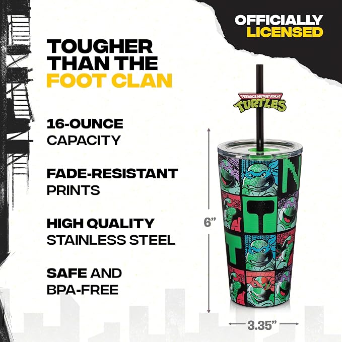 Dragon Glassware x Teenage Mutant Ninja Turtles Insulated Tumbler, 16 oz | Vacuum Insulated Stainless Steel Tumbler with Straw & Lid; Double Walled TMNT Tumbler with Straw Topper; Ninja Turtle Cup