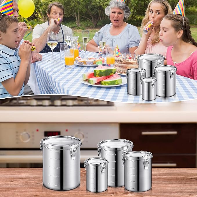 Sabary 4 Pcs Stainless Steel Airtight Food Containers for Kitchen 84oz 54oz 34oz 17oz Coffee Bean Flour Sugar Tea Cereal Cookie Metal Food Storage Canisters with Lids and Sturdy Locking Clamp