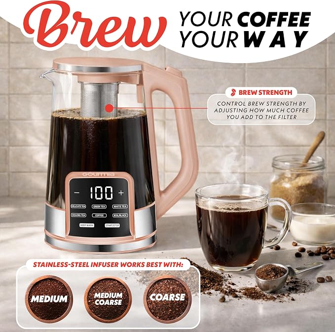 Gourmia Electric Glass Kettle – 1.7L Programmable Tea & Coffee Brewer with Digital Touch Display, 6 Presets, Removable Stainless Steel Infuser, Cordless with 360° Swivel Base, Peach