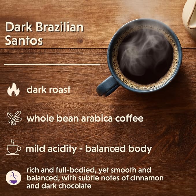 Coffee Bean Direct Dark Brazilian Santos, Whole Bean Coffee, Arabica Coffee, Dark Roast, 1 Pound Bag (Pack of 1)