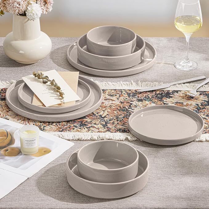 Herogo 8 Piece Plates and Bowls Set, Ceramic Dinnerware Sets with Pasta Bowls, Kitchen Dinner Ware Dishes Service for 2, Chip & Scratch Resistant Dishware, Speckled Coffee Brown