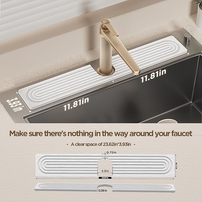 Faucet Mat for Kitchen Sink, Diatomite Stone Drying Sink Protectors, Bathroom Faucet Splash Guard, Quick Dry Water Absorbing, Non-Slip Stone Tray for Kitchen Counter, White, 23.6" x 3.9"