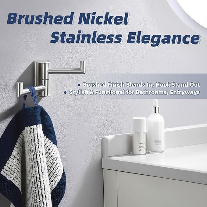 APLusee Brushed Nickel Double Swivel Towel Hook, 304 Stainless Steel Folding Clothes Hanger with Multi 2 Rotating Arms, Wall Mounted