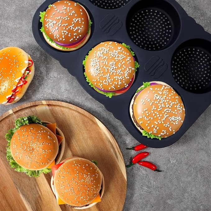 JJUNW Set of 5 Silicone Hamburger Bun Mold, 4/6/9 Cup Silicone Hotdog Bun Pan with Spatula Brush, Mini Baguette Pans Bread Baking Pan for Homemade Hamburger Buns