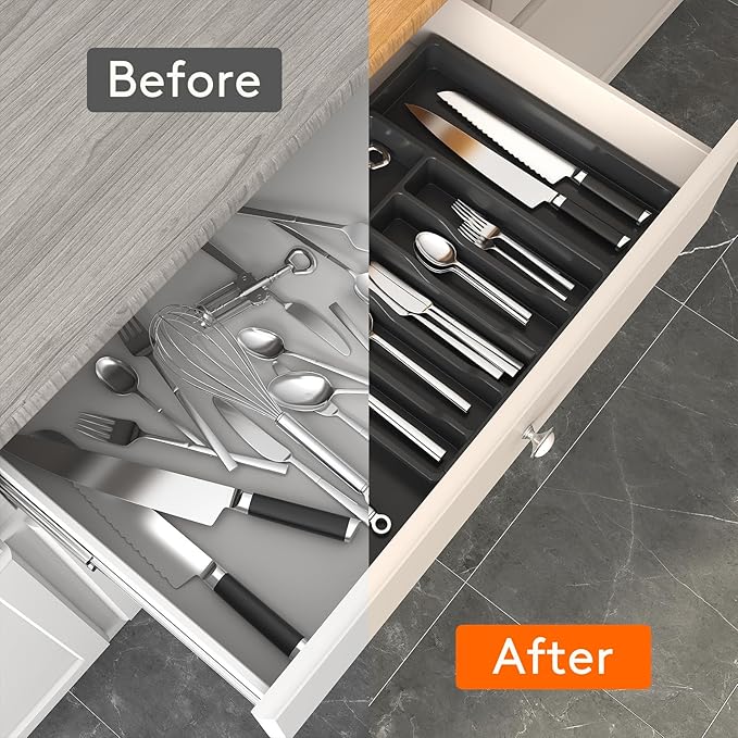 Lifewit Silverware and Cooking Utensil Drawer Organizer Set – Expandable Adjustable Plastic Storage for Cutlery, Flatware, Spoons, Forks, Knives, and Kitchen Tools, BPA-Free, Black