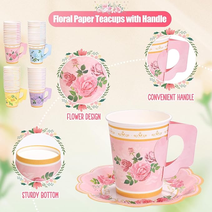 Kochorie 120 Pcs Floral Paper Tea Cups and Saucers 9 Oz Disposable Teacups Bulk with Handle 4 Styles Flower Tea Party Decorations for Birthday Wedding Garden Party Baby Shower Serve 60 Guests