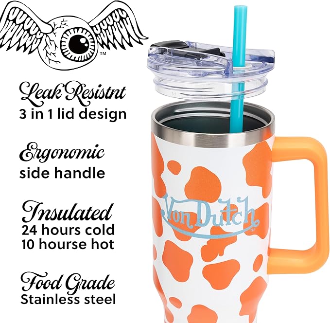 Von Dutch Orange Cow 40oz Double Walled Insulated Food Grade Stainless Steel Tumbler, BPA Free - 24 Hours Cold / 10 Hours Hot