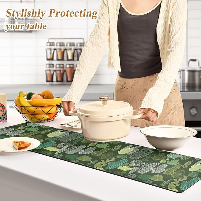 2 in 1 Table Runner Trivet for Hot Pots and Pans Heat Resistant Non Slip Waterproof 39 x 12 Inch Decorative Table Protector for Kitchen Countertop Green Simple Cacti