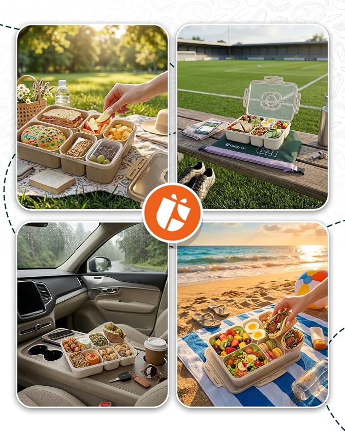 GIRAFFYCO Creamy White Snackbox with Drain Compartment, Portable Snackle Box w/Insulated Carry Bag & Reusable IcePack, 6 Removable Compartments (2 Large + 4 Small) w/Individual Lids, BPA‐Free