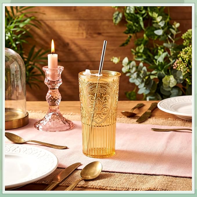 4 Set 20oz Vintage Plastic Tumbler with Lids and Straws Ribbed Floral Drinking Glasses Reusable Iced Coffee Cups for Water Juice Smoothie Cocktail Travel Party Events Gift (Mixed Color)