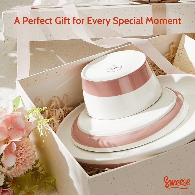 Sweese Plates and Bowls Set, Porcelain Dinnerware Sets for 6, 18 Pieces Handcrafted Glaze Dishes, Chip and Scratch Resistant, Microwave Oven & Dishwasher Safe Dishwasher Safe, White & Pink ﻿