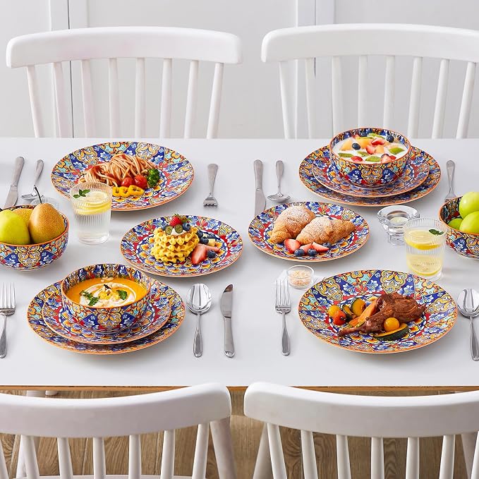 vancasso 12 Pieces Dinnerware Sets, Orange Plates and Bowls Set, Porcelain Dishes Set for 4, Microwave and Dishwasher Safe, Scratch Resistant, Bohemian Style Dining Ware Service for 4, Series SIMI