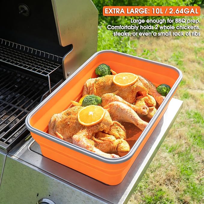 Silicone Collapsible Marinating Container with Lid for Meat, 2.64Gal/10L, Extra Large Collapsible BBQ Prep Tub, Transparent Locking Lid, XL Grill Prep Trays and Carry System, BBQ Must-Have, Orange