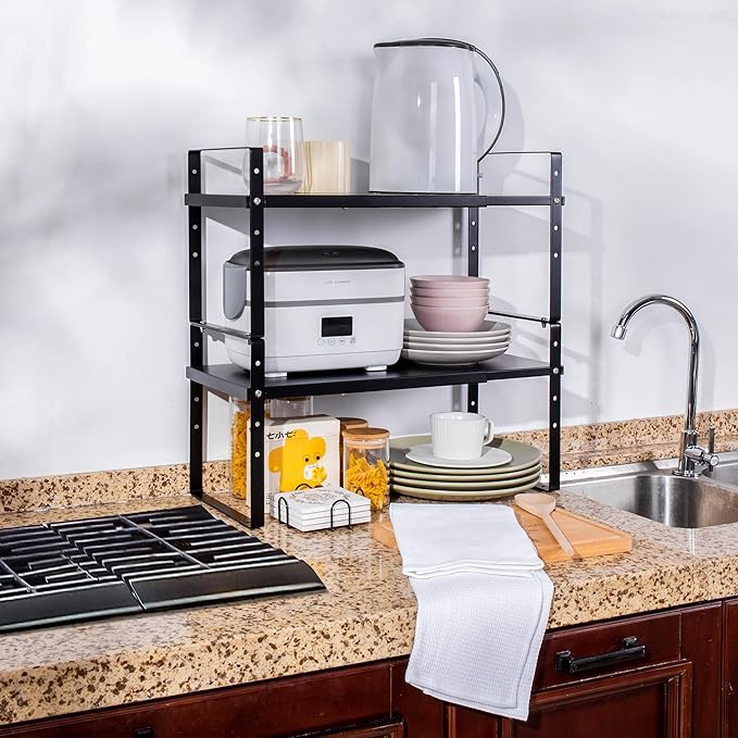 Across-Star Expandable Cabinet Shelf Organizer Rack, Stackable Kitchen Counter Storage Shelves Stand, Adjustable Height Pantry Shelf Spice Rack (Black, 2 Pack)