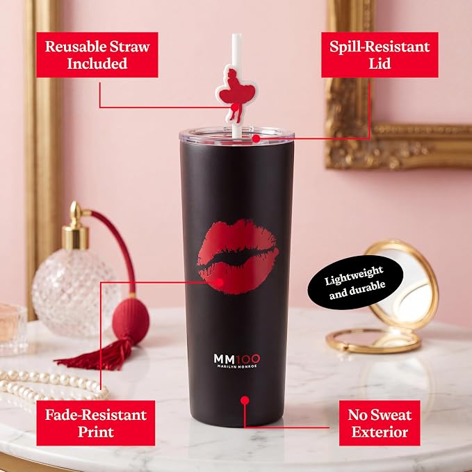 Dragon Glassware x Marilyn Monroe 100th Celebration Tumbler, 24 oz - MM100 | Vacuum Insulated Stainless Steel Tumbler with Straw & Lid; Double Walled Tumbler with Straw Charm; Marilyn Monroe Cup