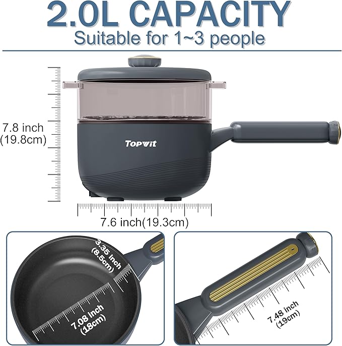 TOPWIT Hot Pot Electric with Steamer, 2L Multifunctional Electric Cooker, Non-Stick Sauté Pan, Portable Pot for Steak, Fried Rice, Ramen, Soup with Dual Power Control (Spatula Not Included), Grey