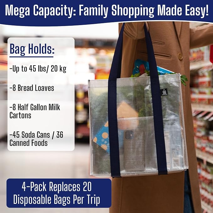 VENO 4 Pack Reusable Grocery Bags, Heavy-Duty Shopping Bags with Handles, Bags for Shopping Cart with Hard Bottom to Stand Upright, Foldable, Multi-Purpose(Clear, 4 Pack)