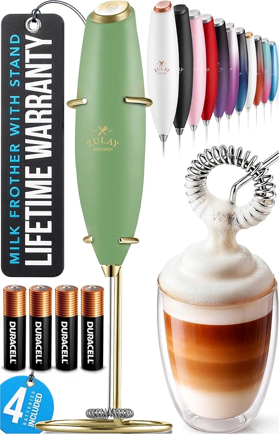 Zulay Kitchen Powerful Milk Frother Wand With 4 AA Duracell Batteries - Ultra Fast Handheld Drink Mixer - Electric Whisk Foam Maker for Coffee, Lattes, Cappuccino, Matcha & Creamer - Forest Gold