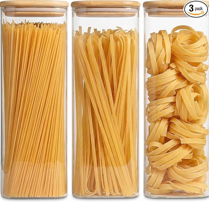 Pasta Storage Containers 3 Pack, 78oz Square Airtight Glass Spaghetti Container with Bamboo Lids, Tall Glass Pasta Storage Jar for Pantry Organization Spaghetti Linguine Fettuccine Cereal
