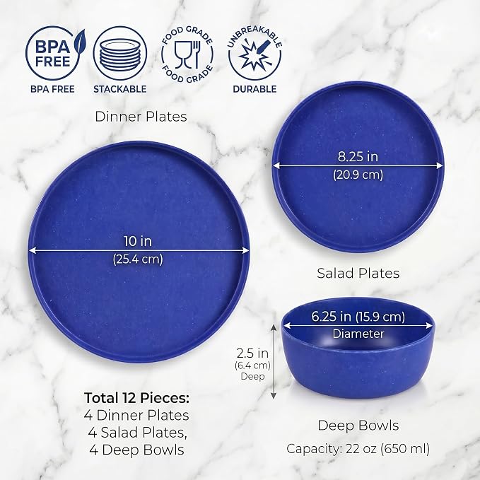 Webbylee 12 Piece Melamine Dinnerware Set for 4 - Shatterproof Matte Blue Round Plates & Bowls, Lightweight Unbreakable Tableware for Camping, RV, Patio & Indoor Outdoor Use, Dishwasher Safe