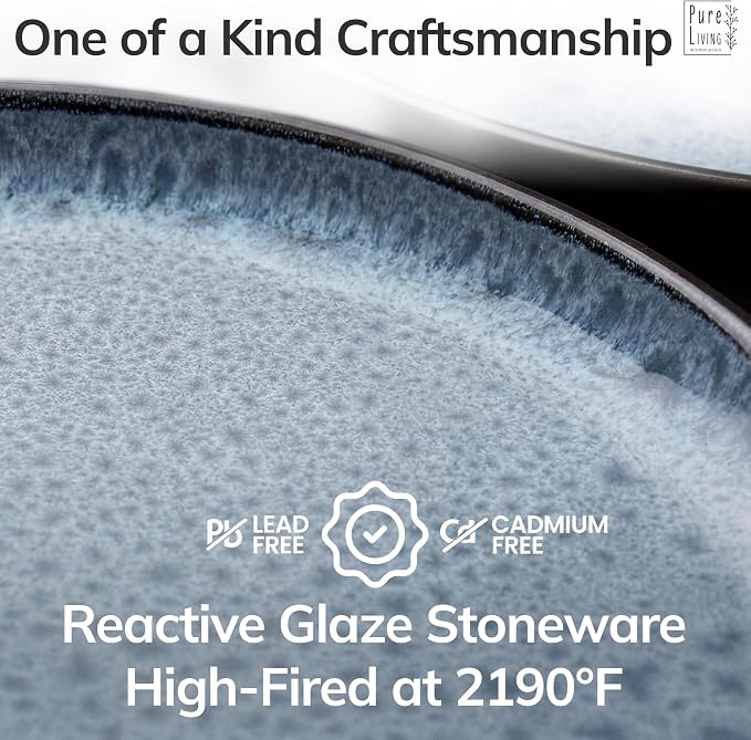 24 Piece Stoneware Dinnerware Set for 6 - Handmade Reactive Glaze Plates and Bowls Set - Chip & Scratch Resistant Dish Set - Dishwasher Microwave Safe - Dark Smoke Blue