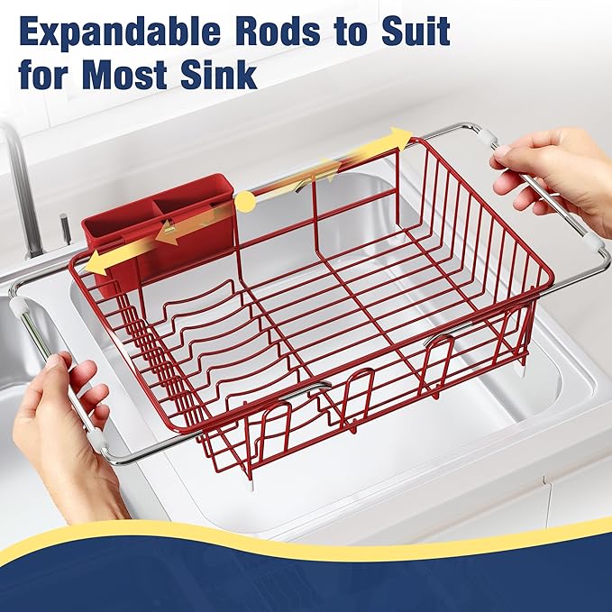 JASIWAY Red in Sink Dish Drying Rack, Expandable Stainless Steel Small Dish Rack Over Kitchen Sink, Plate Drainer Strainer with Utensil Holder & Cup Holders, Counter Space Saving Wire Dryer Rack