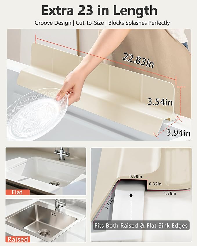 Kitchen Sink Splash Guard 23"18" Self-Draining Silicone Water Guard with High Splash Wall & Strong Suction Cups for Faucet, Countertop & Sink Edge, Keeps Sinks Dry, Dishwasher Safe,Cream