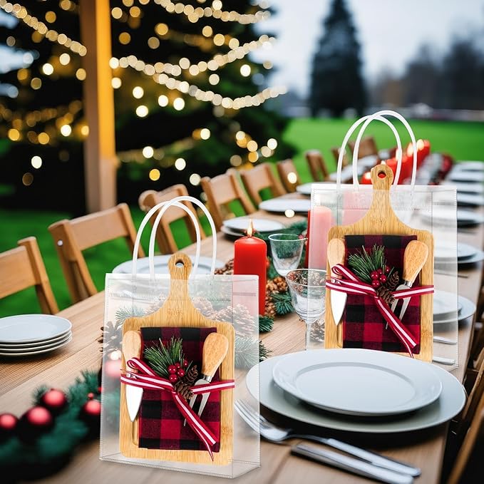 6 Set Christmas Cutting Board Gift Bulk Wooden Cheese Charcuterie Board Gift Set with Knives Forks Red Berry Towels Gift Bags Kitchen Housewarming Gifts for Neighbor Guest Xmas Holiday Party Decor