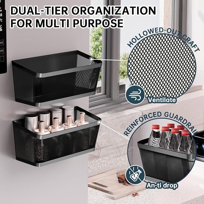 2Pcs Magnetic Spice Rack for Fridge Magnet Hanging Basket Holder for Seasonings Fruit Vegetables Coffee Beans Magnetic Organizer Shelf, Kitchen Refrigerator Organizers