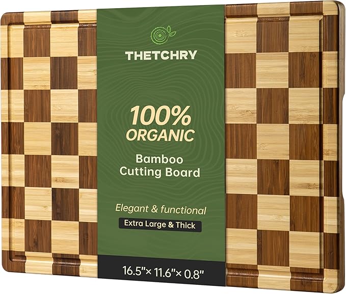 THETCHRY Bamboo Cutting Boards for Kitchen, Checkered Wooden Cutting Board with Juice Groove, Non Slip, Non Toxic Serving Tray, Thick Large Chopping Board Gift for Home Chef, 16.5” x 11.6” x 0.8”