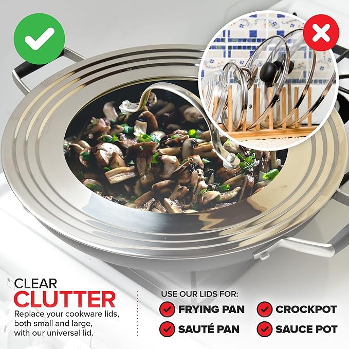 Modern Innovations Universal Lids with Tempered Glass (2 Pack), Fits 8.25 to 12 Inch Pots and Pans, Replacement Frying Pan Covers and Cast Iron Skillet Lids with Stainless Steel Rim