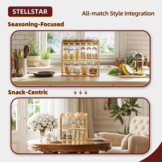 STELLSTAR Spice Rack Wall Mounted, Spice Organizer for Counter, Bamboo Spice Storage Holder for Kitchen Cabinet, Pantry (Spice Jars Not Included, Natural)