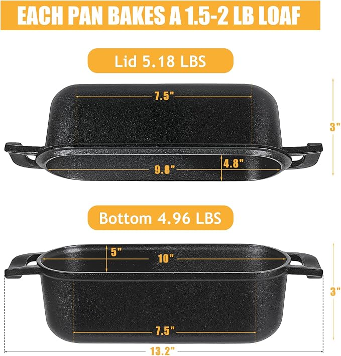 10x5 Cast Iron Loaf Pan with Lid - 2 in 1 Bread Pans for Baking Homemade Sourdough Bread