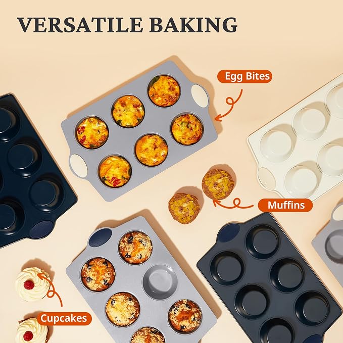 BRONYPRO 2-Pack 6-Cup Non Toxic Nonstick Ceramic Jumbo Muffin Pan & Cupcake Tin, PFOA & PFOA Free, Rust-Resistant Aluminized Steel, Oven Safe, Blue