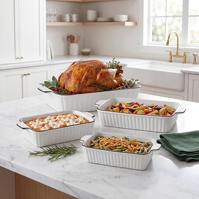 Ceramic Bakeware Set of 4, Deep Rectangular Casserole Dishes for Oven to Table, Non-Stick Lasagna Pans with Handles, Stackable Baking Pans for Family Dinners & Housewarming Gift
