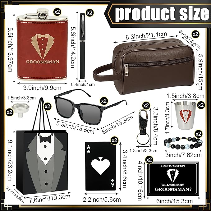 Set 2 Groomsmen Proposal Gifts - Groomsmen Gift Box with Leather Bag，Tuxedo Flask, Funnel，Shot Glasse，Poker Card Bottle Openers, Sunglasses, Pen，Bracelet, Card & Gift Bags for Wedding Party （Brown）