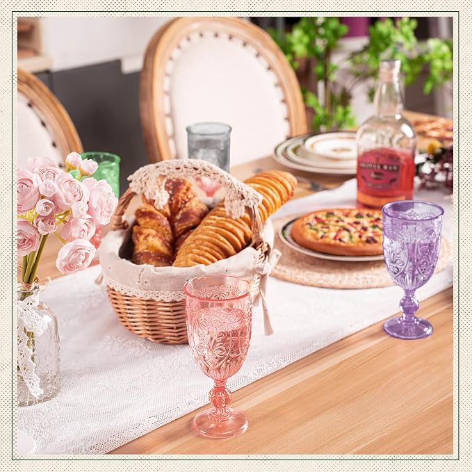 Wiwiqing 6 Pcs Plastic Goblets 7.5oz Vintage Goblet Plastic Wine Glasses Colored Retro Embossed Water Goblets for Wine Bar Juice Baby Shower Wedding Reception Grand Event Party (Multicolor)